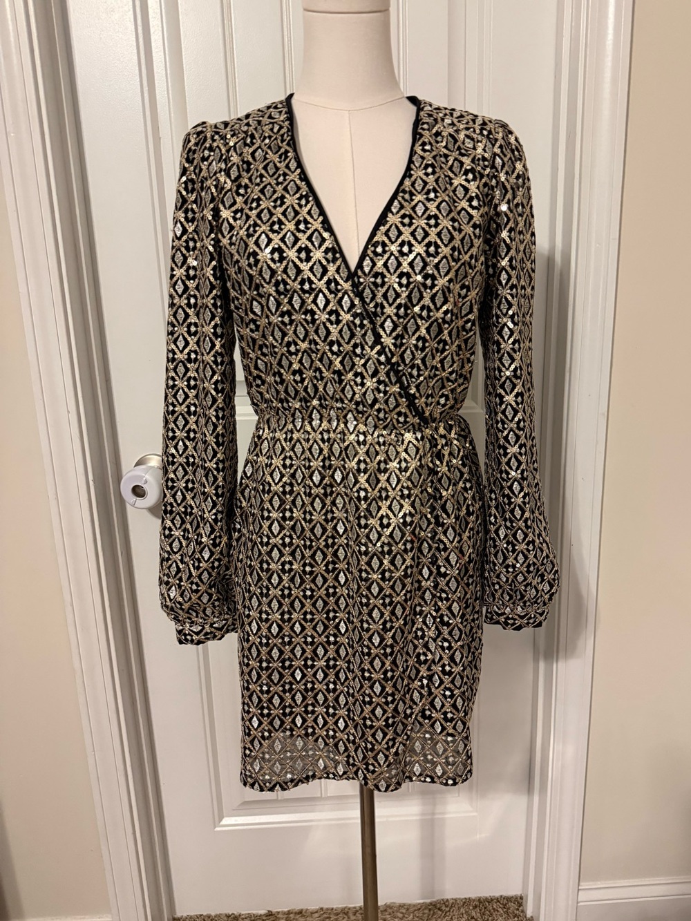 Honey Punch Black and Silver Wrap Dress with Gold Sequins